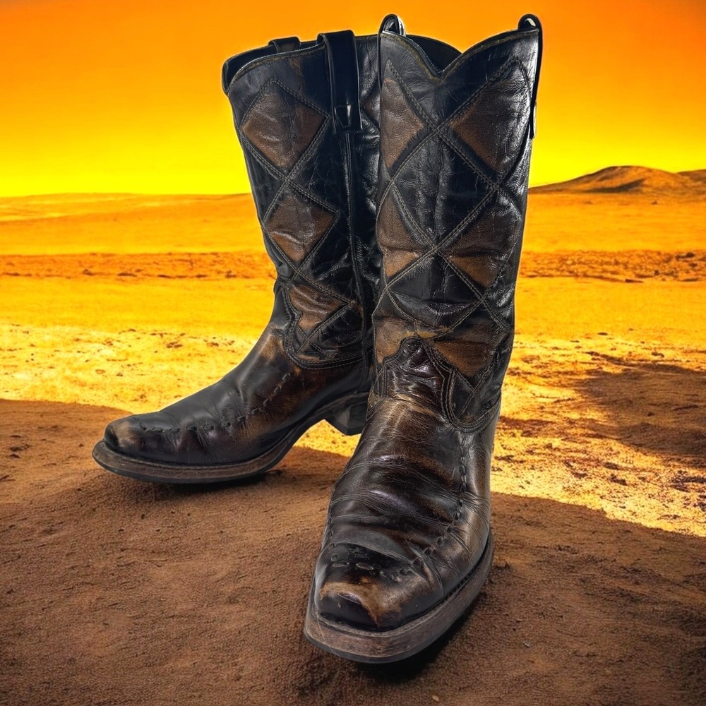 Vintage Durango Boots Men 10D Black Brown Leather Quilted 80s Cowboy Western VTG